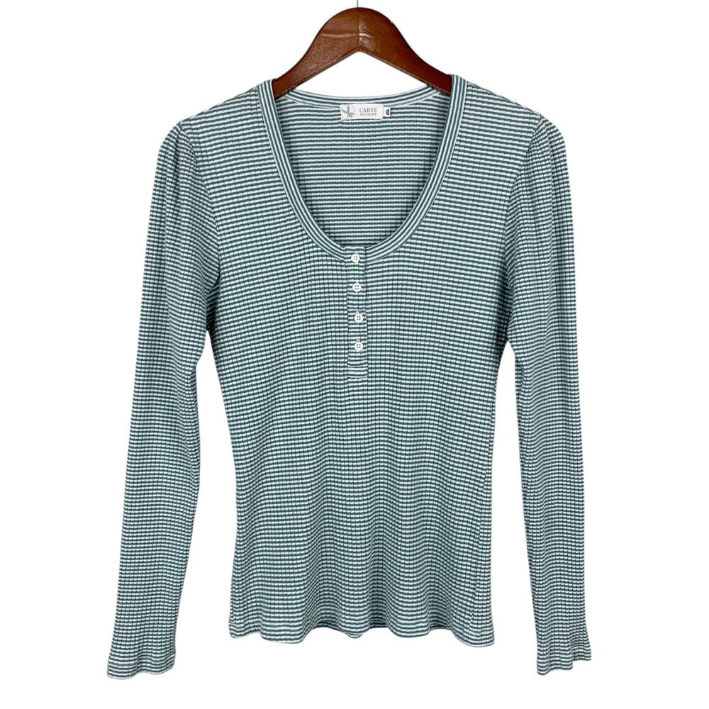 Carve Designs Long Sleeve Top Green White Stripe Ribbed Knit Women's M - Flaw - Picture 1 of 7